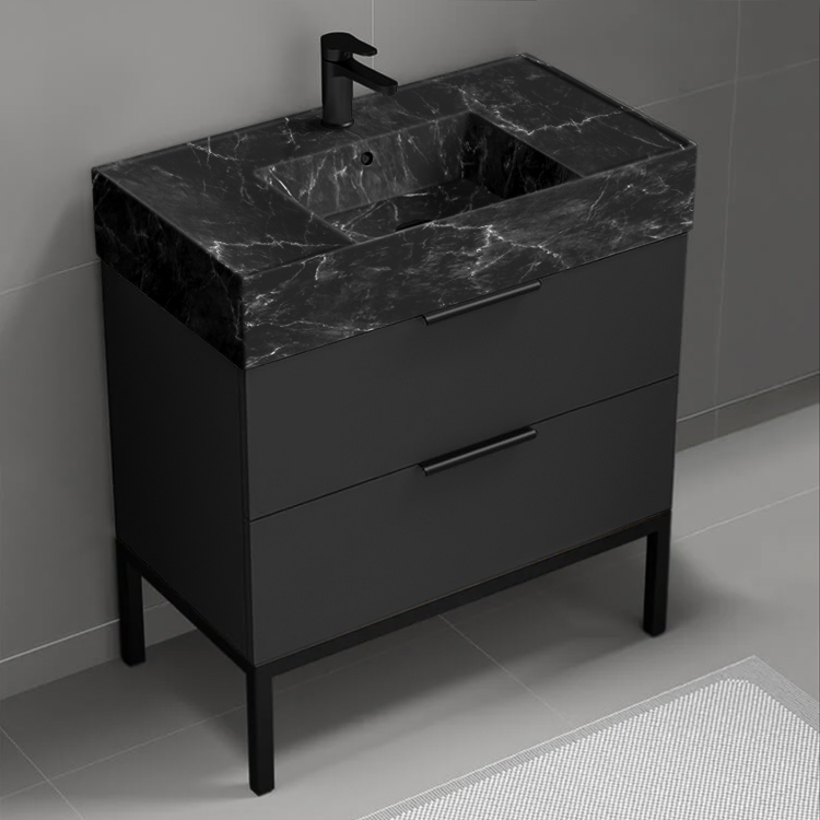 Nameeks DERIN866 32 Inch Black Marble Style Sink Black Free Standing Bathroom Vanity, Counter Space, 2 Drawers